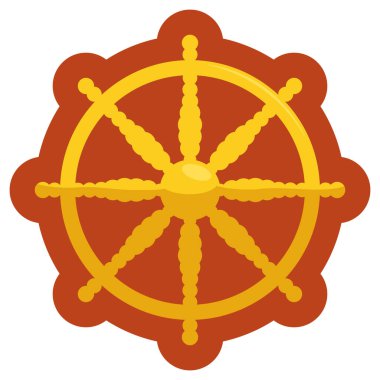 Isolated golden wheel of dharma -or dharmachakra- symbol with bold orange outline, over white background. clipart