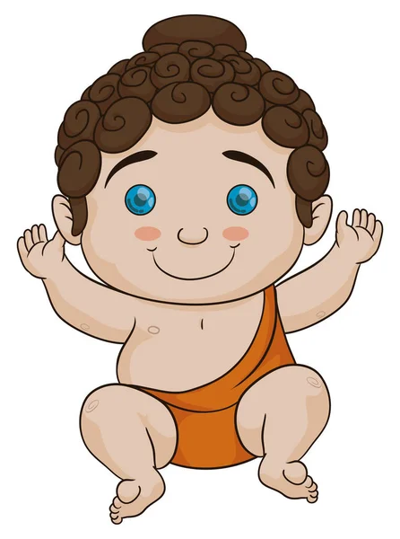 Niedlicher Baby Buddha Mit Blauen Augen Trägt Ein Orangefarbenes Kasaya — Stockvektor