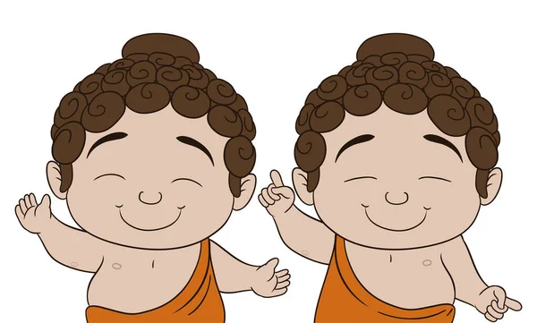 Dwoje Uśmiechniętych Dzieci Buddy Różnymi Dłońmi Stwarza Jedno Otwartymi Ramionami — Wektor stockowy