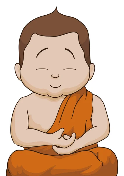 Portret Dziecka Budda Siedzący Medytujący Zamkniętymi Oczami Noszący Pomarańczową Kasaję — Wektor stockowy