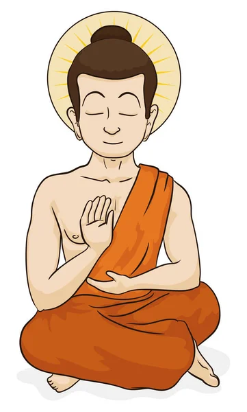 Calma Buddha Meditando Con Gesto Abhaya Design Stile Cartone Animato — Vettoriale Stock