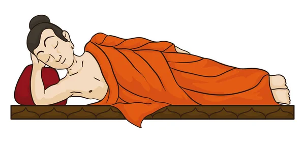 Banner Scena Unui Buddha Înclinat Ochii Închiși Stil Desene Animate — Vector de stoc