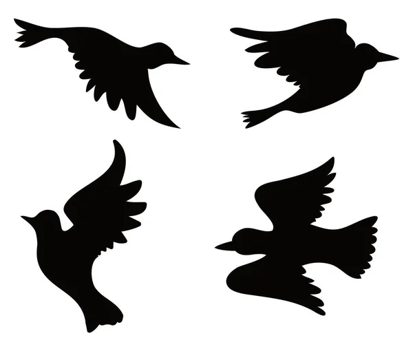 Set Cuatro Aves Voladoras Siluetas Oscuras Sobre Fondo Blanco — Vector de stock
