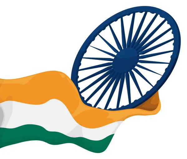 Μπλε Ashoka Chakra Τροχό Τυλιγμένο Για Ένα Κυματίζει Tricolor Ινδική — Διανυσματικό Αρχείο