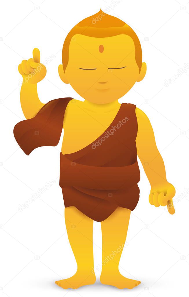 Golden statue of child Buddha with its fingers pointing heaven and ground, isolated over white background.