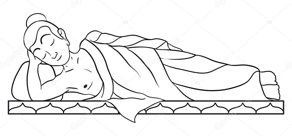 Scene of reclining Buddha over cushion. Version to coloring activities over white background.
