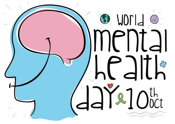 青い頭 脳の側面図とドアスタイルで大きな笑顔世界精神保健デーを促進10月10日 — ストックベクタ