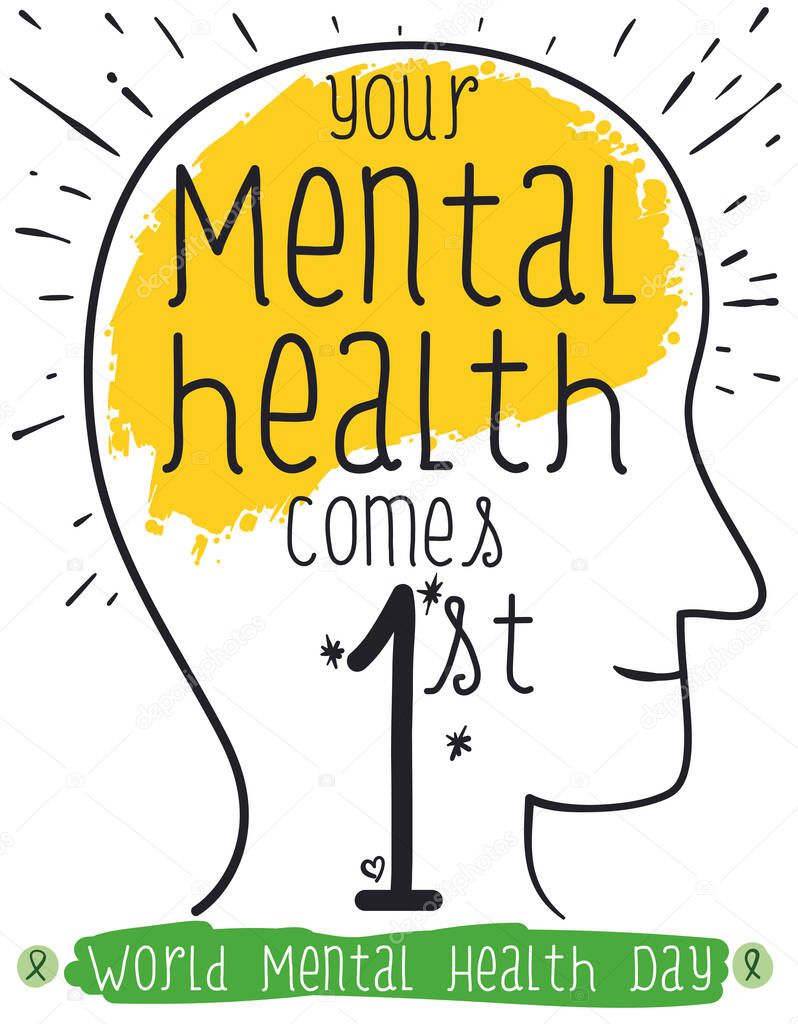 Side view in outlines of head with smiling expression and yellow brush strokes for the brain, promoting priority of healthy mental habits during World Mental Health Day celebration.