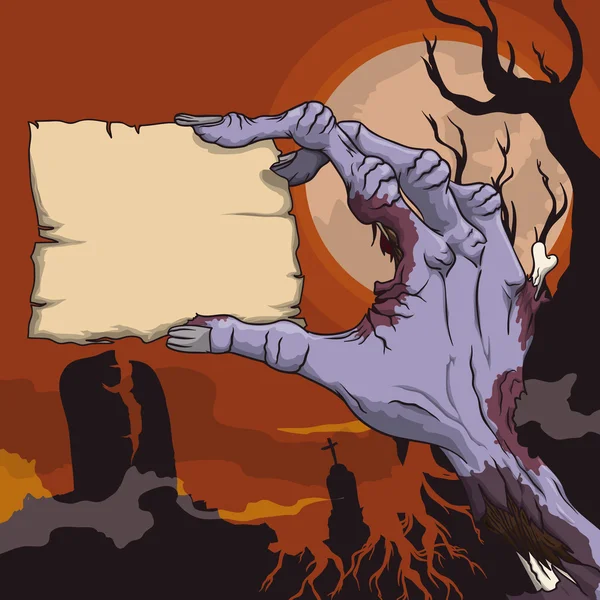 Terror scen med Zombie Hand med stämpel på kyrkogården, vektor Il — Stock vektor