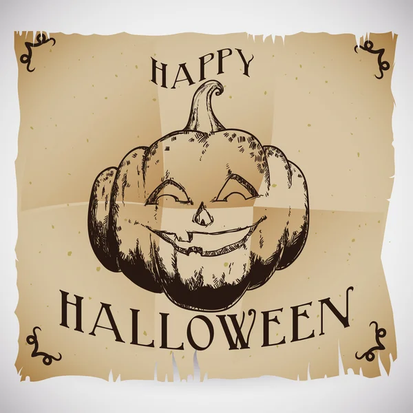 Cartel antiguo y retro de Halloween con calabaza dibujada a mano — Vector de stock