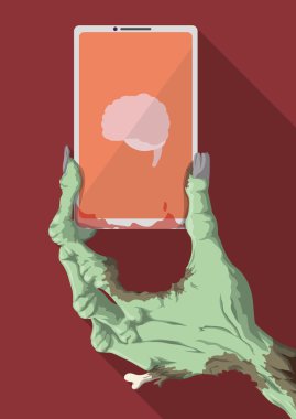 Komik zombi el ile beyin App, vektör çizim bir akıllı telefon tutarak
