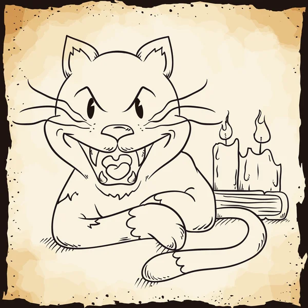 Kreskówka retro styl kot z świece i książki Inline, źle wektor — Wektor stockowy