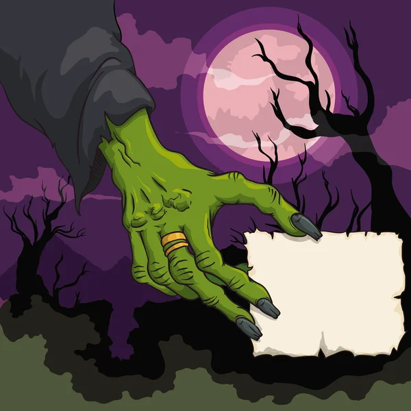 Mano de bruja con papel en escena espeluznante, ilustración vectorial — Vector de stock