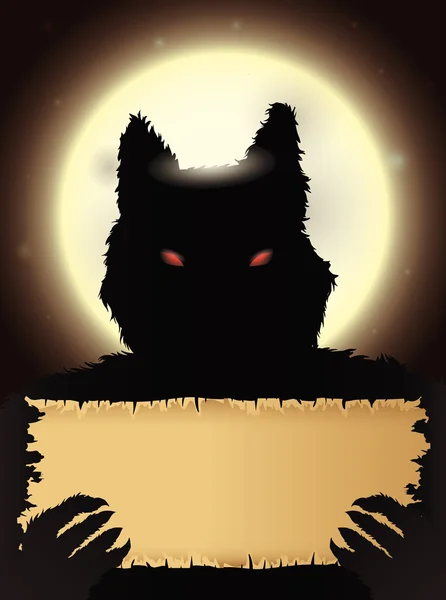 Dark Werewolf with Grim Stare Holding a Old Paper on Full Moon Night, Vector — стоковый вектор