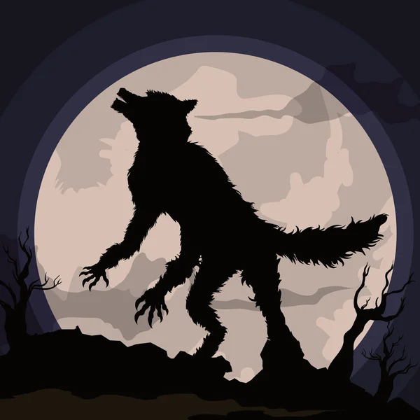 Vlkodlak vytí na měsíc v strašidelné noční scénu, vektorové ilustrace — Stockový vektor