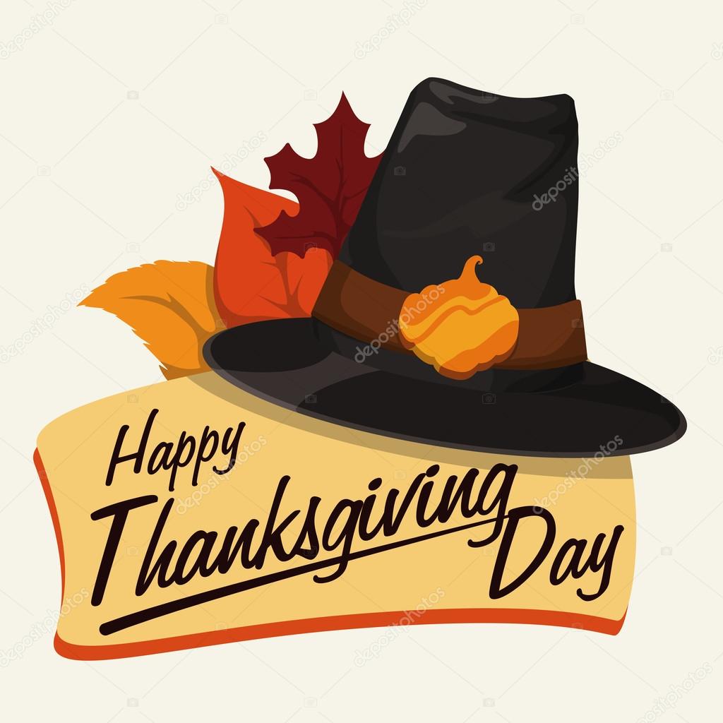 Classic Thanksgiving Sign with Pilgrim Hat and Autumn Leaves, Vector Illustration