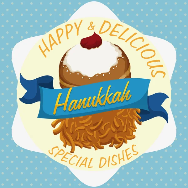 Lezzetli Sufgania ve Latke geleneksel Hanukkah iletide, vektör çizim — Stok Vektör