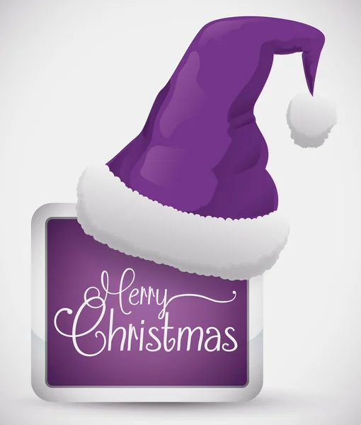 Chapéu de Papai Noel roxo no botão quadrado, ilustração vetorial — Vetor de Stock