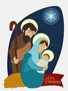 Yıldız ışık, vektör çizim altında Kutsal Aile ile Noel doğum sahnesi
