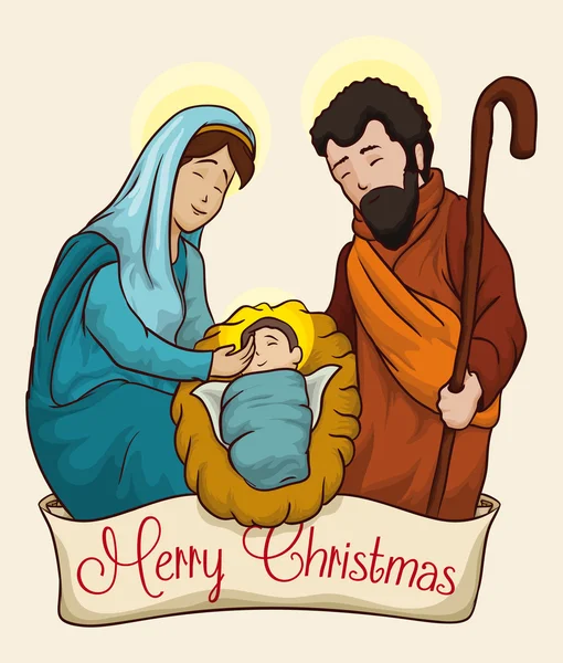 Belén de Navidad colorido de Niño Jesús, Vector Ilustración — Vector de stock