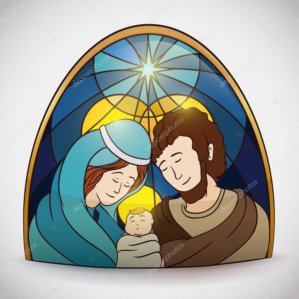 Colorful Holy Family Portrait Stained Glass, Vector Illustration