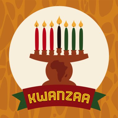 Flat Kinara Icon with Lighted Candles and Ribbon, Vector Illustration