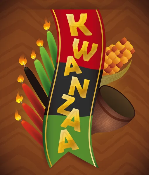 Kwanzaa στοιχεία γύρω από την παραδοσιακή σημαία, διανυσματικά εικονογράφηση — Διανυσματικό Αρχείο