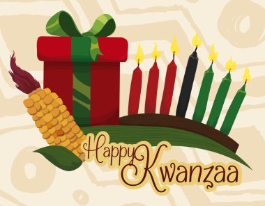 Tebrik mesajı ve hediye ile geleneksel Kwanzaa öğeleri illüstrasyon vektör