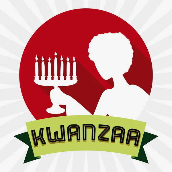 Donna con silhouette Kinara in Kwanzaa Icona, Illustrazione vettoriale — Vettoriale Stock