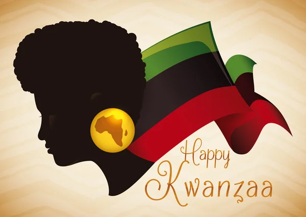 Silhueta de mulher afro-americana de beleza com bandeira de Kwanzaa, ilustração vetorial —  Vetores de Stock