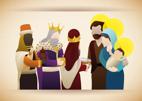 Les trois sages avec des cadeaux visitent l'enfant Jésus, Illustration vectorielle — Image vectorielle