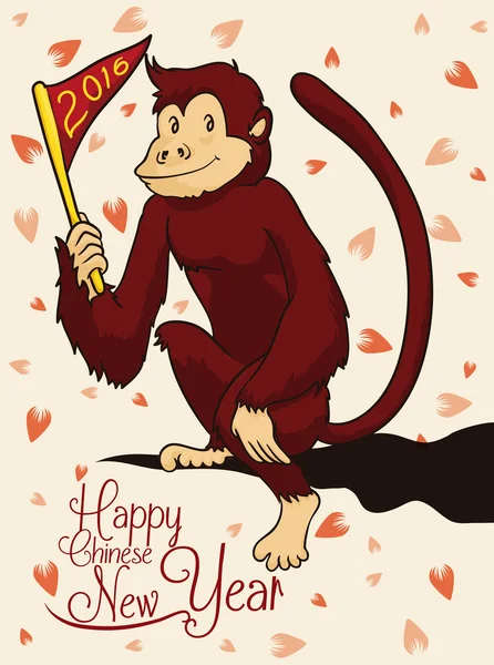 Ano do macaco chinês com fundo de pétala de cereja, ilustração vetorial —  Vetores de Stock