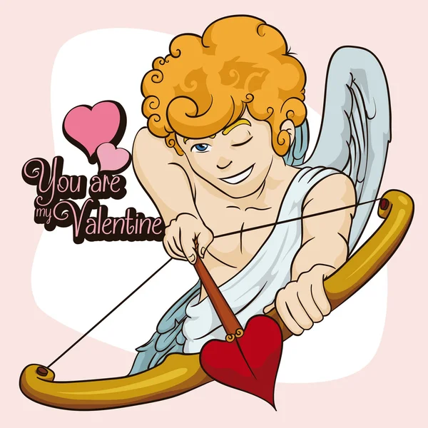 Young Cupid Aiming with him Bow and Arrow for Valentine's Day, Vector Illustration — Stock Vector