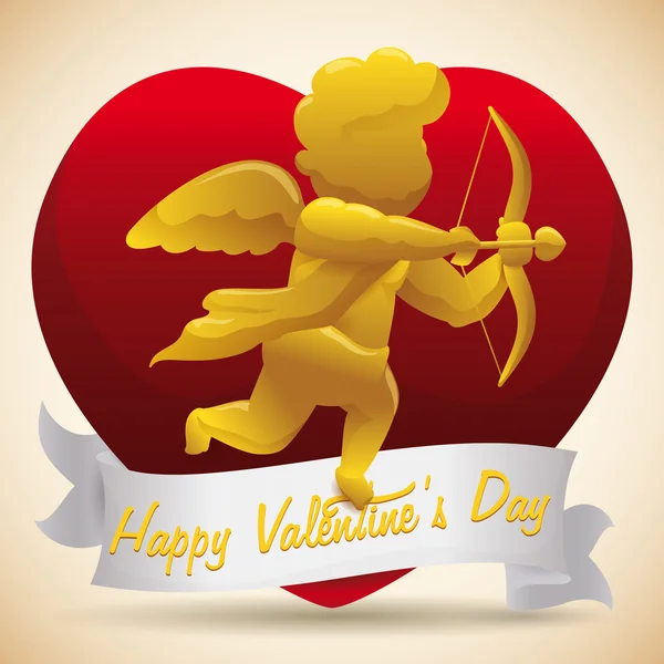 Wektor złoty amorek z strzałkę i łuk na błyszczący serce na Walentynki, ilustracja — Wektor stockowy