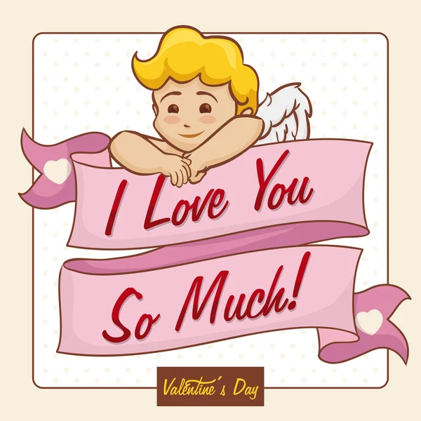 Blonde Cupidon avec un long ruban et un message d'amour, Illustration vectorielle — Image vectorielle