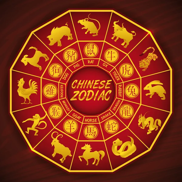 Calendário chinês com todas as silhuetas de animais do zodíaco, ilustração vetorial — Vetor de Stock