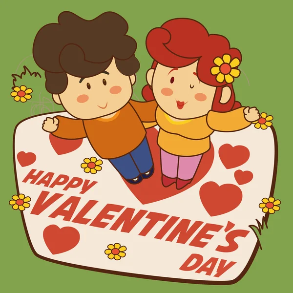 Feliz linda pareja con flores y corazones para el día de San Valentín, Vector Illustration — Vector de stock