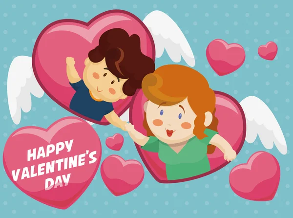 Corazones voladores con una pareja romántica para el día de San Valentín, Vector Illustration — Vector de stock