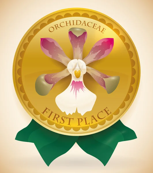 Gouden medaille voor de eerste plaats winnaar in orchidee van de wedstrijd, Vector Illustratie — Stockvector