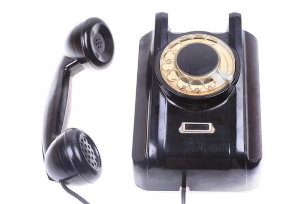 Старый телефон с выключенным крюком, свяжитесь с нами концепции изолированы — стоковое фото