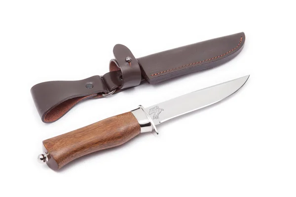 Trähandtag jaktkniv och slida isolerade — Stockfoto