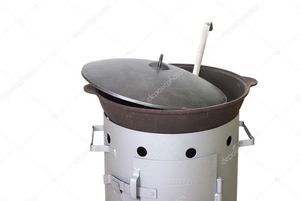 Stove with pilaf cauldron redy for cooking on white background — Stock