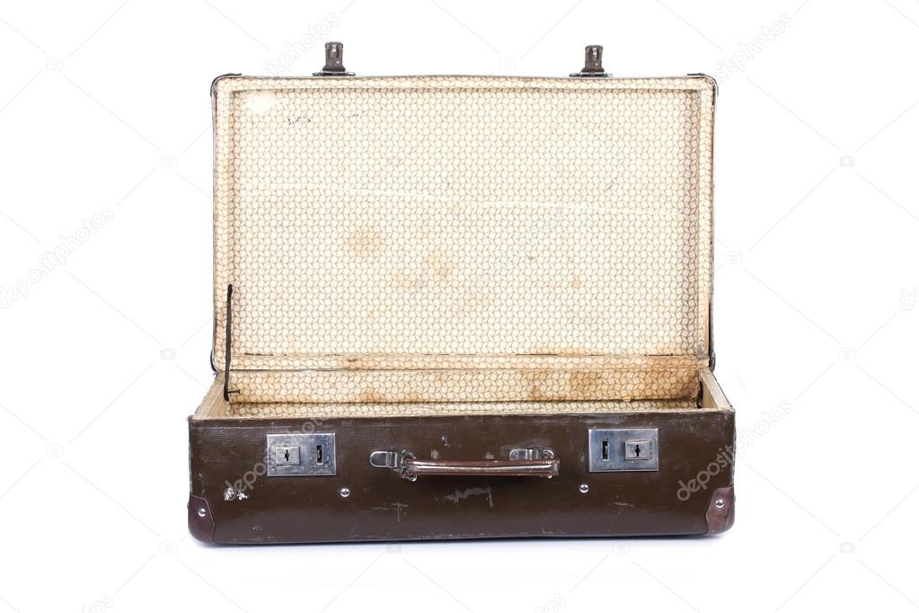 Old open suitcase isolated on white background