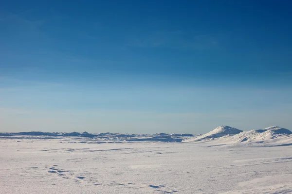 Deserto di neve e cielo blu invernale. Montagne all'orizzonte — Foto Stock