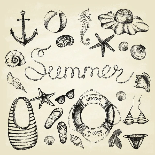 Iconos dibujados a mano conjunto de verano . — Vector de stock