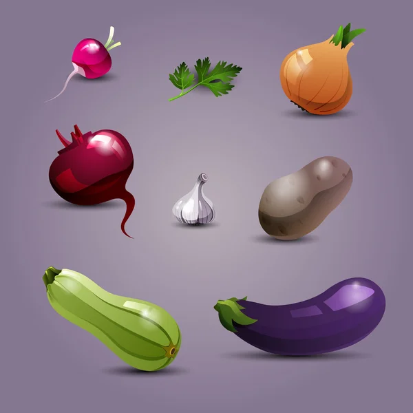 Conjunto de verduras frescas, útiles y deliciosas. Estilo de vida saludable, comida dietética y vegetariana — Vector de stock