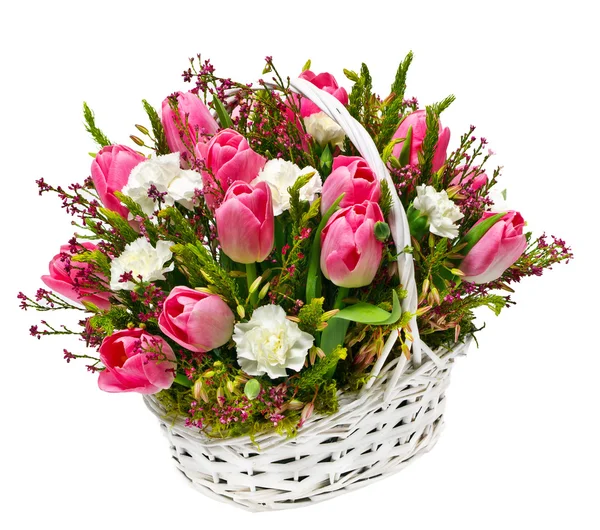 Tulips and carnations in a basket — Stock Photo, Image