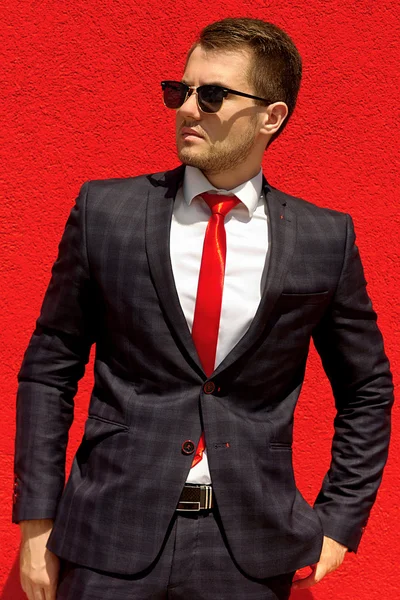 Retrato de un hombre en traje gris en la pared roja —  Fotos de Stock