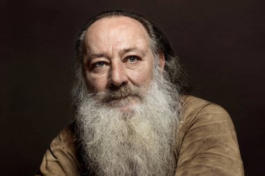 Uzun gri sakallı, bilge yaşlı bir adam.