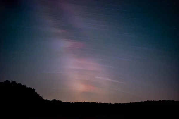 Star trails in the night sky in the forest in the Carpathians